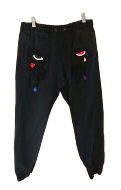 Roku Studio Crying Eyes Dripping Tears Patch Black Sweatpants men's large 30x27